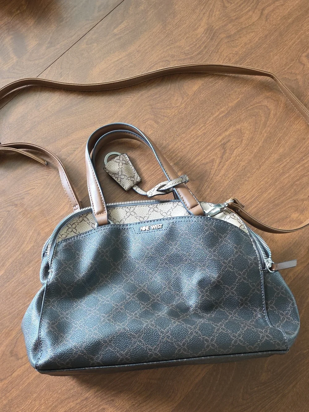 Nine West Brown and Tan Monogram Satchel with Shoulder Strap